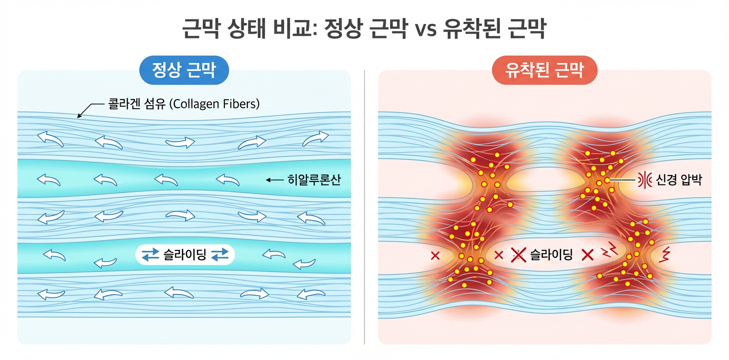 정상 근막 vs 유착된 근막 비교 다이어그램
